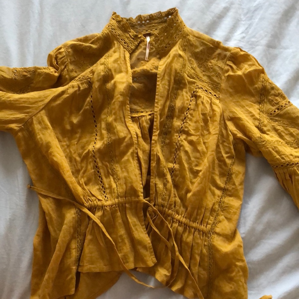 FREE PEOPLE MUSTARD TIE BLOUSE